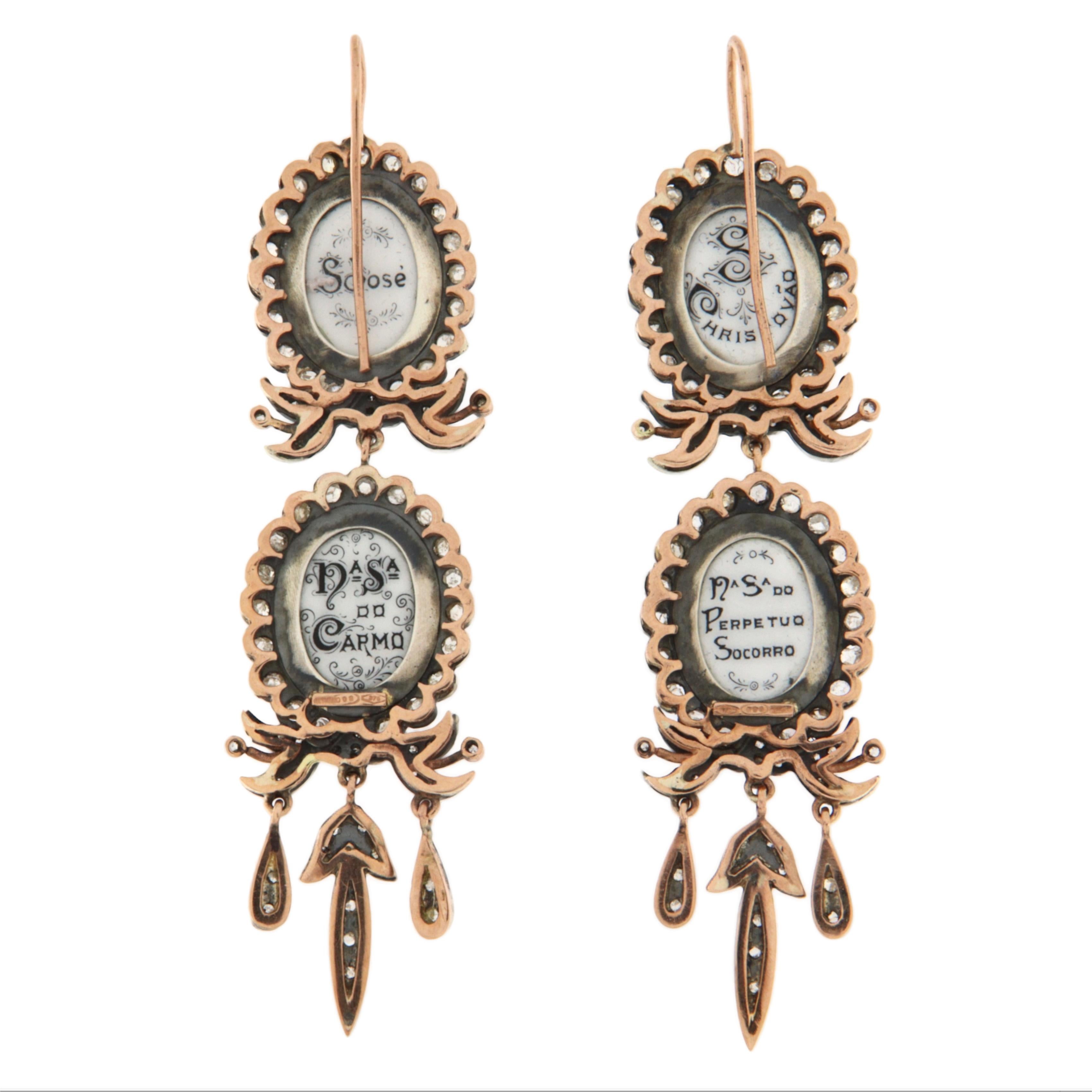 Taille rose Boucles d'oreilles pendantes en or jaune 9 carats et diamants en vente