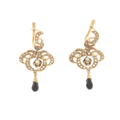 Antique 9kt Yellow Gold Onyx Drop Earrings with Diamonds, Italy