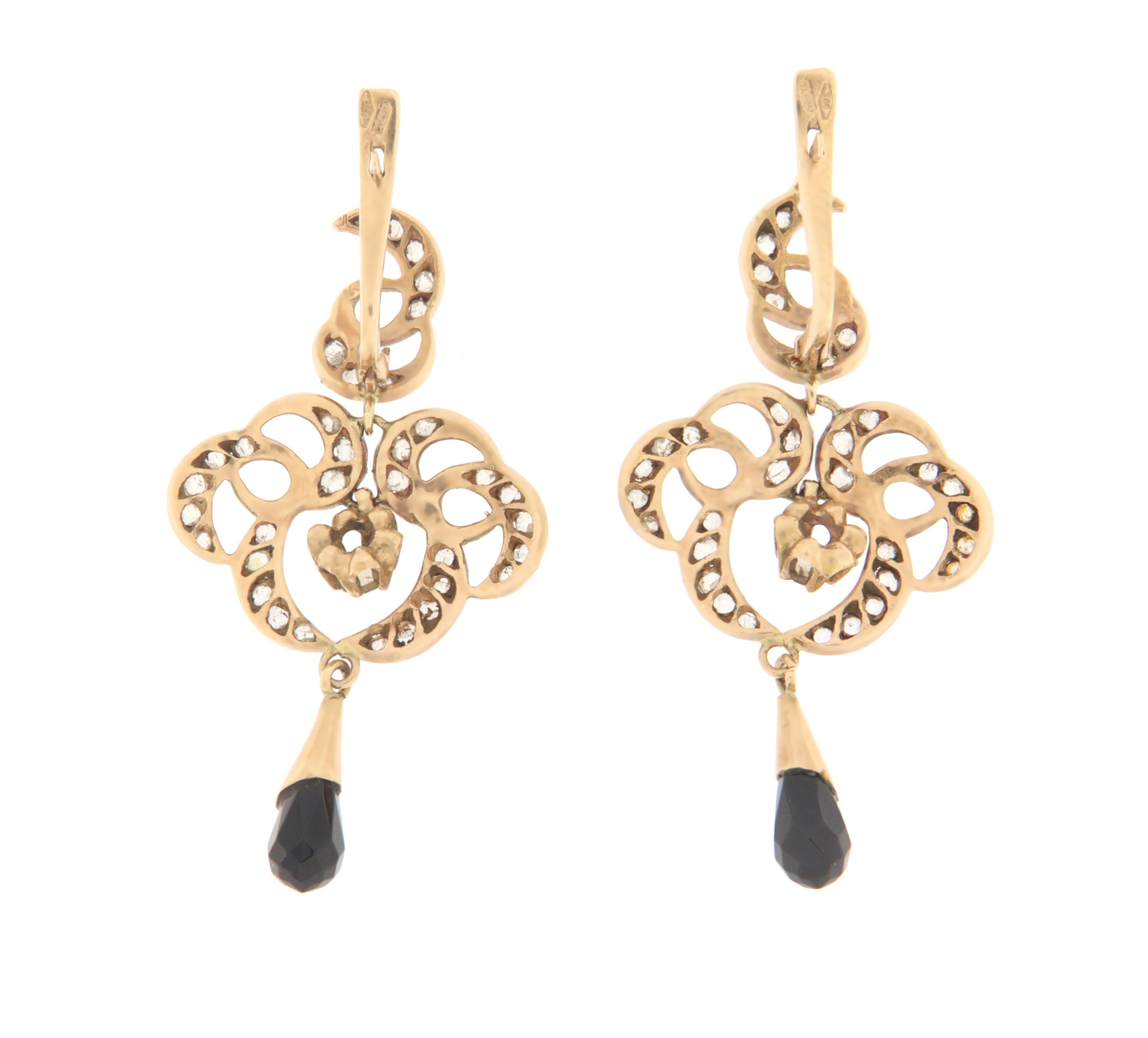 Rose Cut Diamonds 9 Karat Yellow Gold Onyx Drop Earrings For Sale