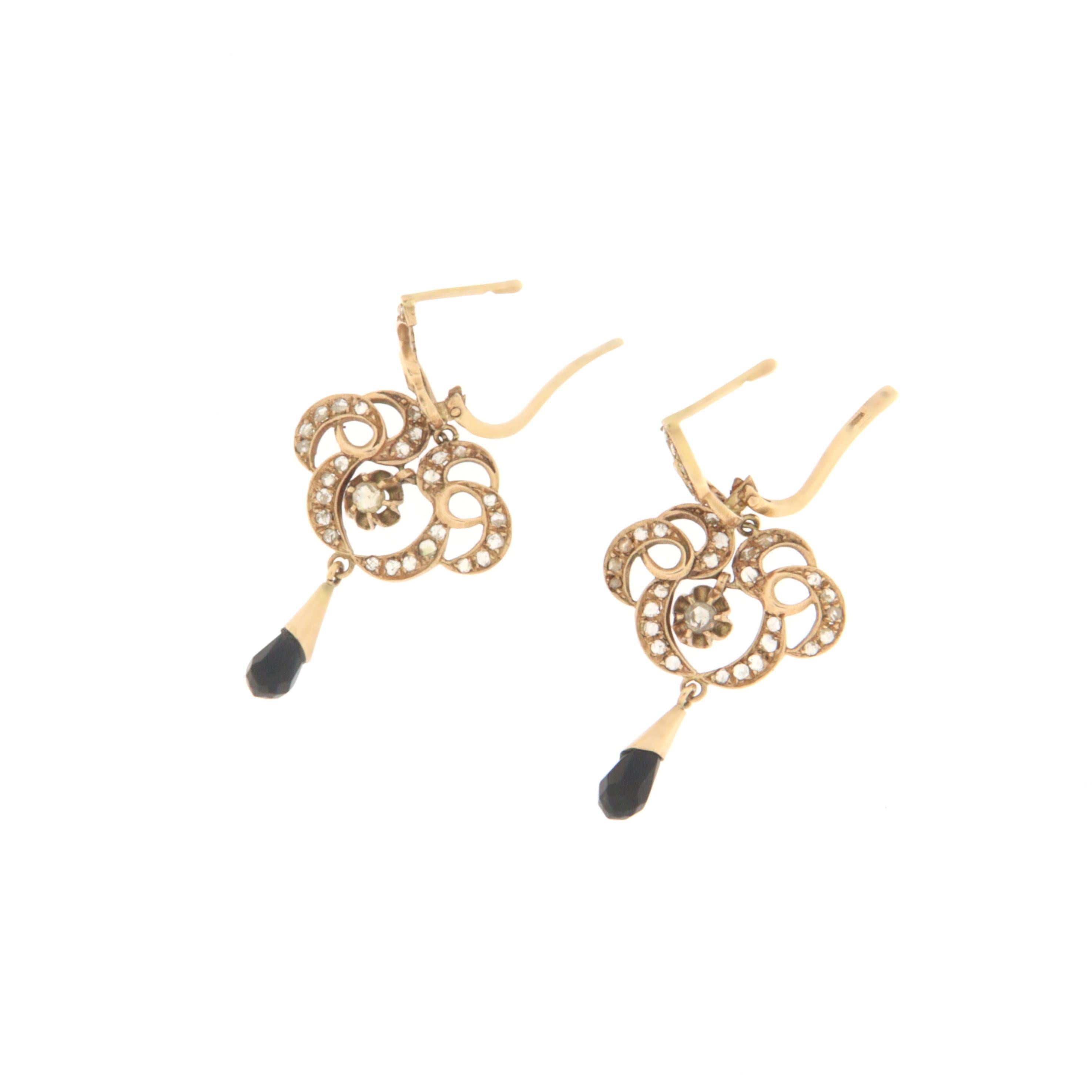 Diamonds 9 Karat Yellow Gold Onyx Drop Earrings In New Condition For Sale In Marcianise, IT