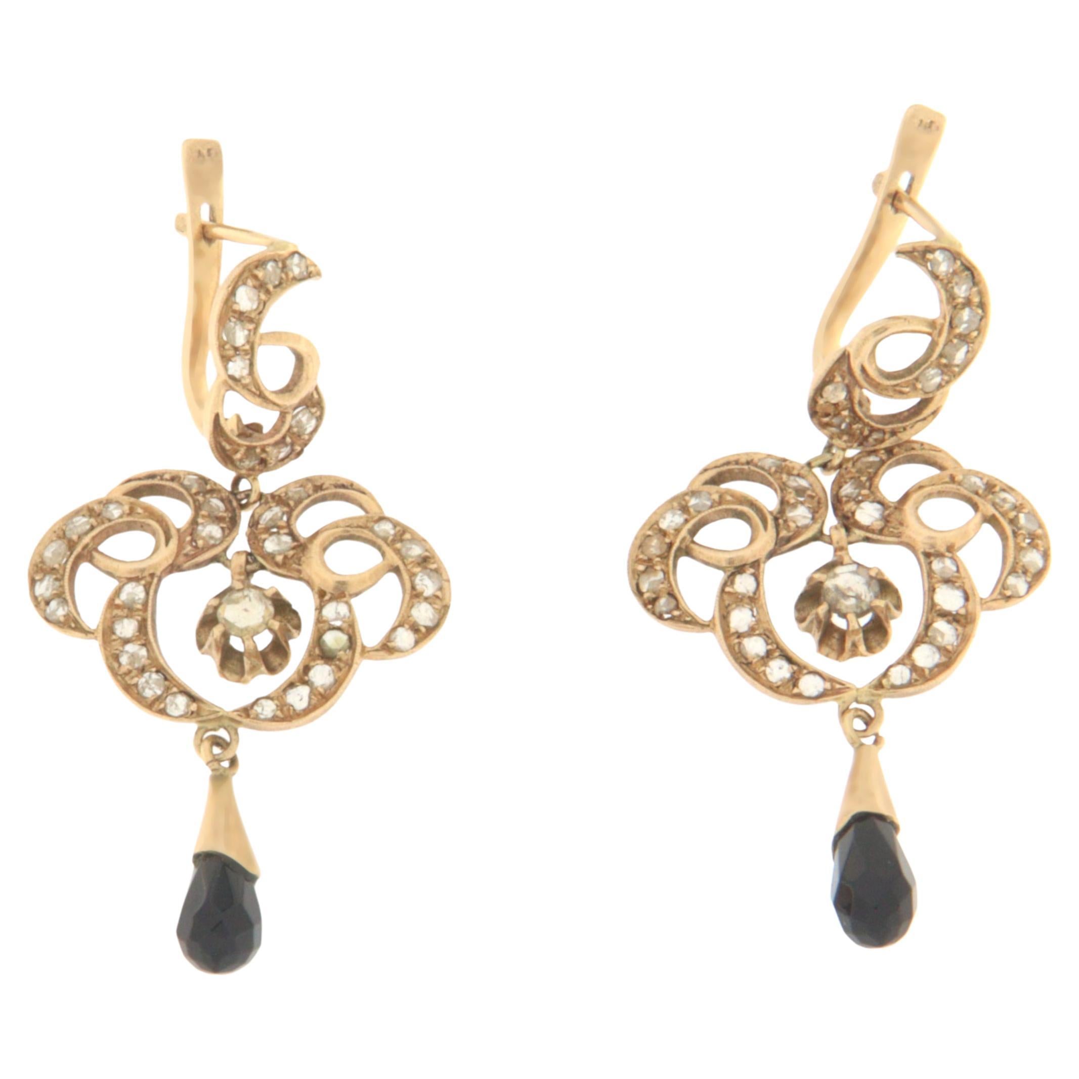 Diamonds 9 Karat Yellow Gold Onyx Drop Earrings For Sale