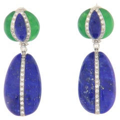 Diamonds Agate Lapis 18 Karat White Gold Drop Earrings