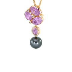 Diamonds Amethyst Black Tahitian Pearl 14K Yellow Gold Pendant