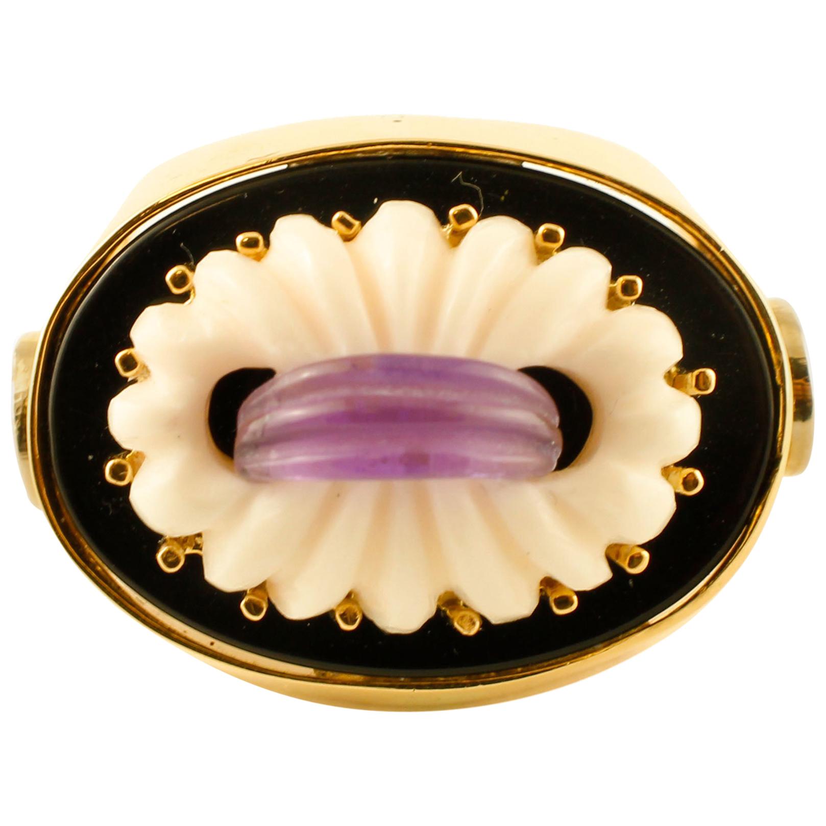 Diamonds, Amethyst, Onyx, Coral, Yellow Gold, Vintage Ring For Sale