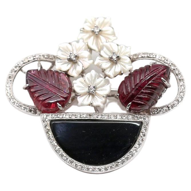 Diamonds Amethyst Onyx Mother-of-pearl Flower Brooch 18k Gold, 1930 For Sale