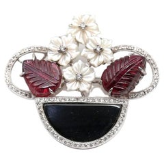 Vintage Diamonds Amethyst Onyx Mother-of-pearl Flower Brooch 18k Gold, 1930