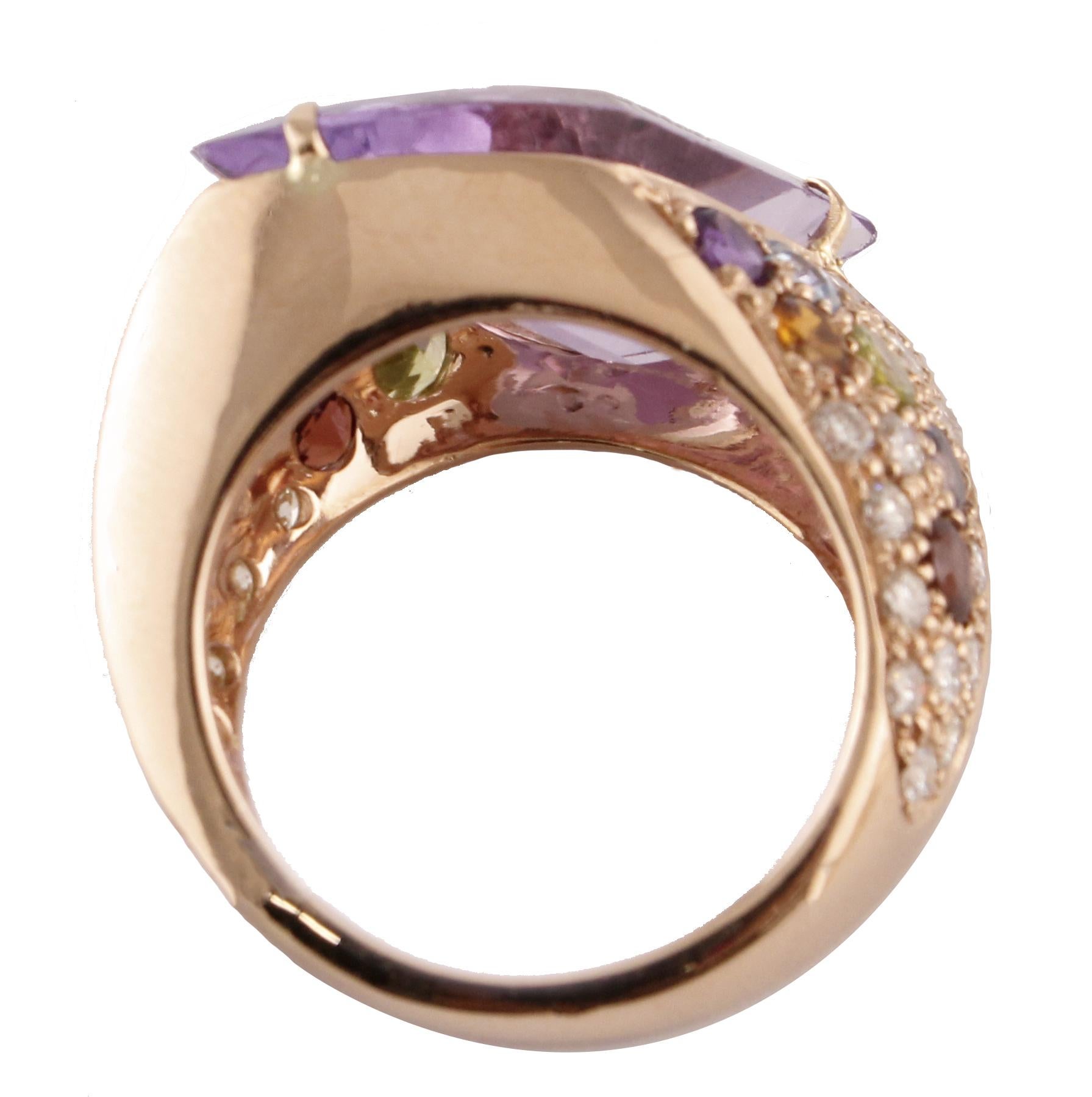 Diamanten Amethyst Peridots Orange Hellblauer Topas Iolith Granat Roségold Ring (Gemischter Schliff) im Angebot
