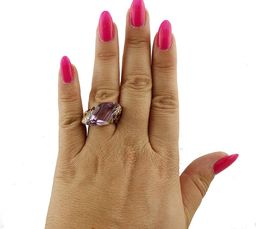 Mixed Cut Diamonds Amethyst Peridots Orange Light Blue Topaz Iolite Garnet Rose Gold Ring For Sale