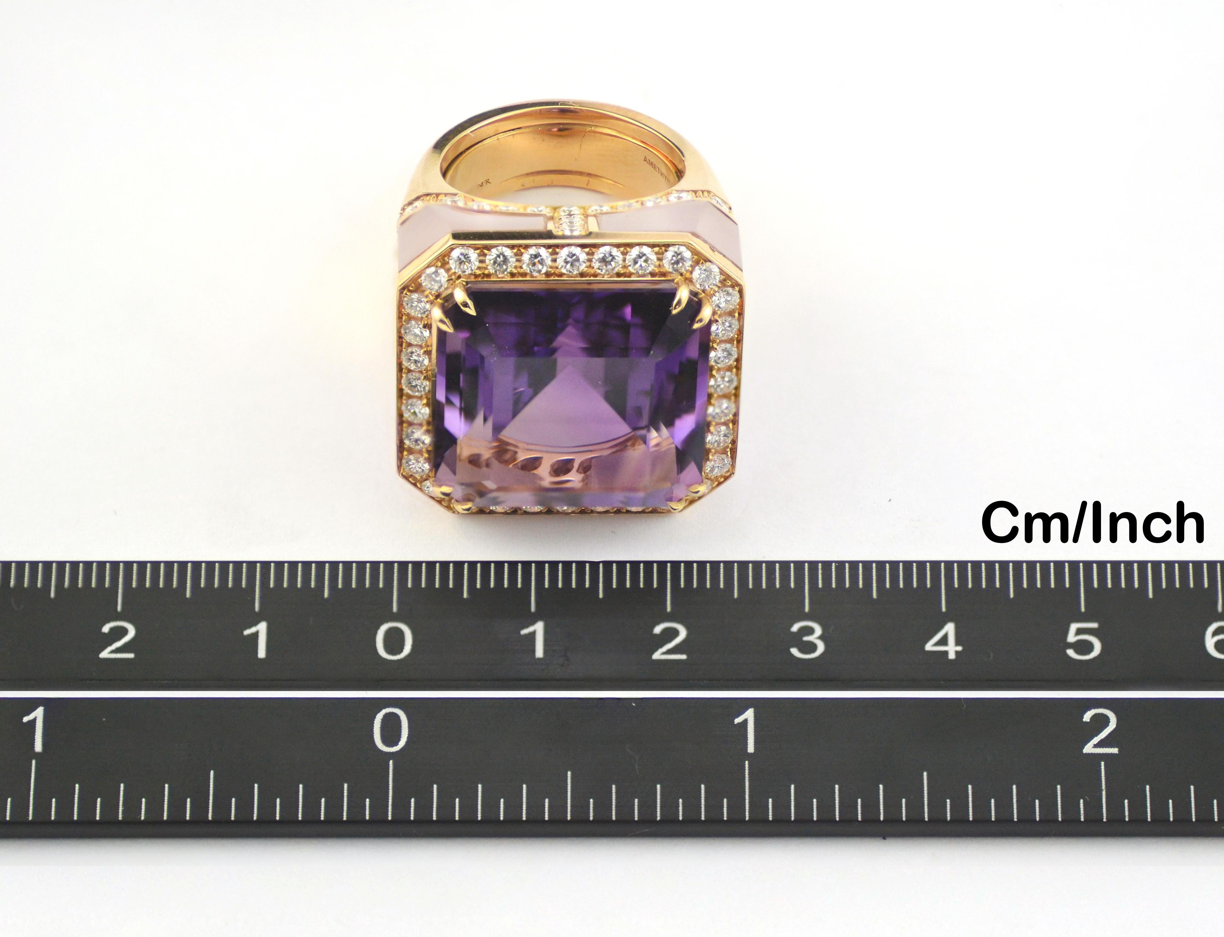 Octagon Cut Diamonds  Amethyst Pink Quartz 18 Kt Rose Gold  Made in Italy Cocktail Ring For Sale