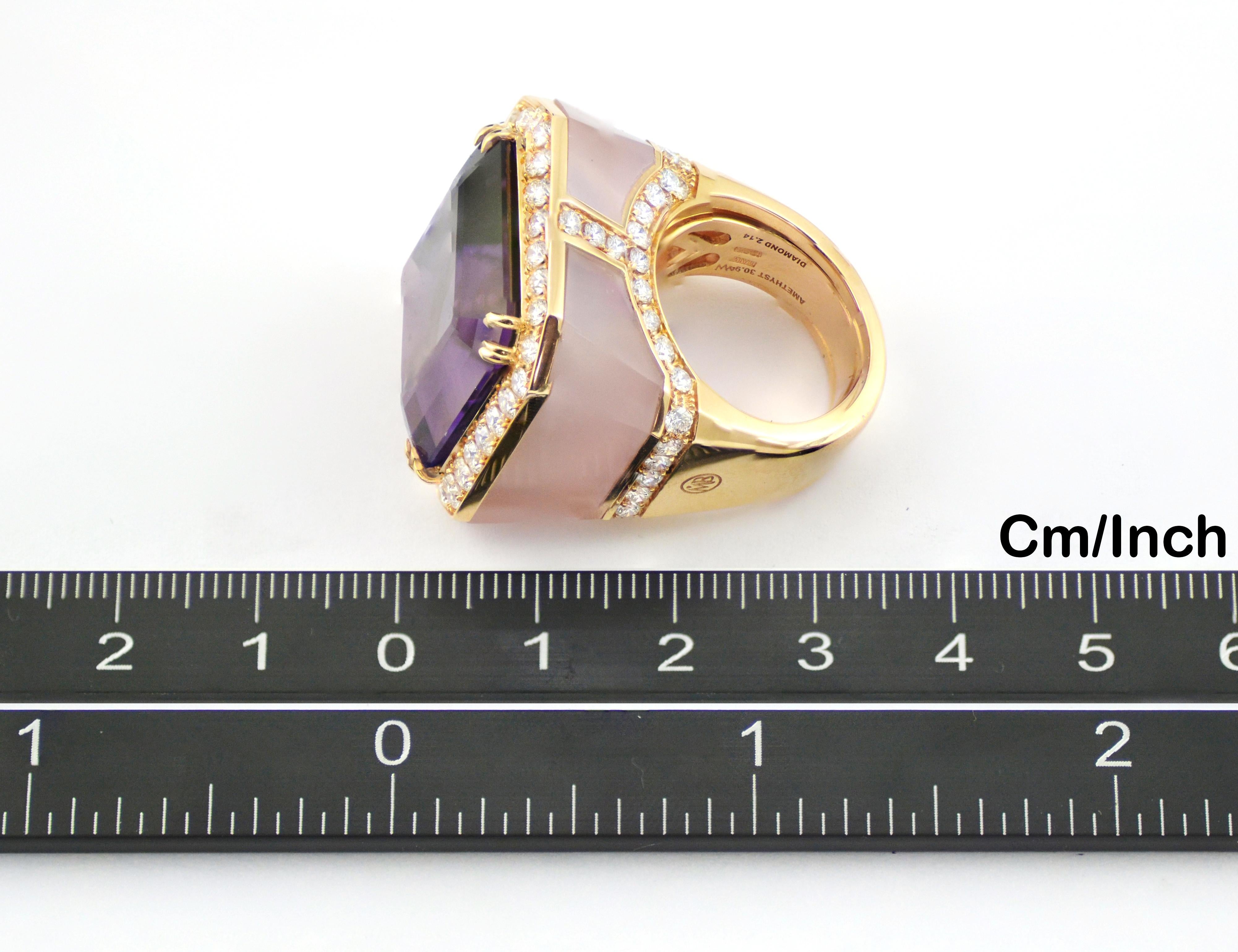 Diamonds  Amethyst Pink Quartz 18 Kt Rose Gold  Made in Italy Cocktail Ring In New Condition For Sale In Valenza , IT