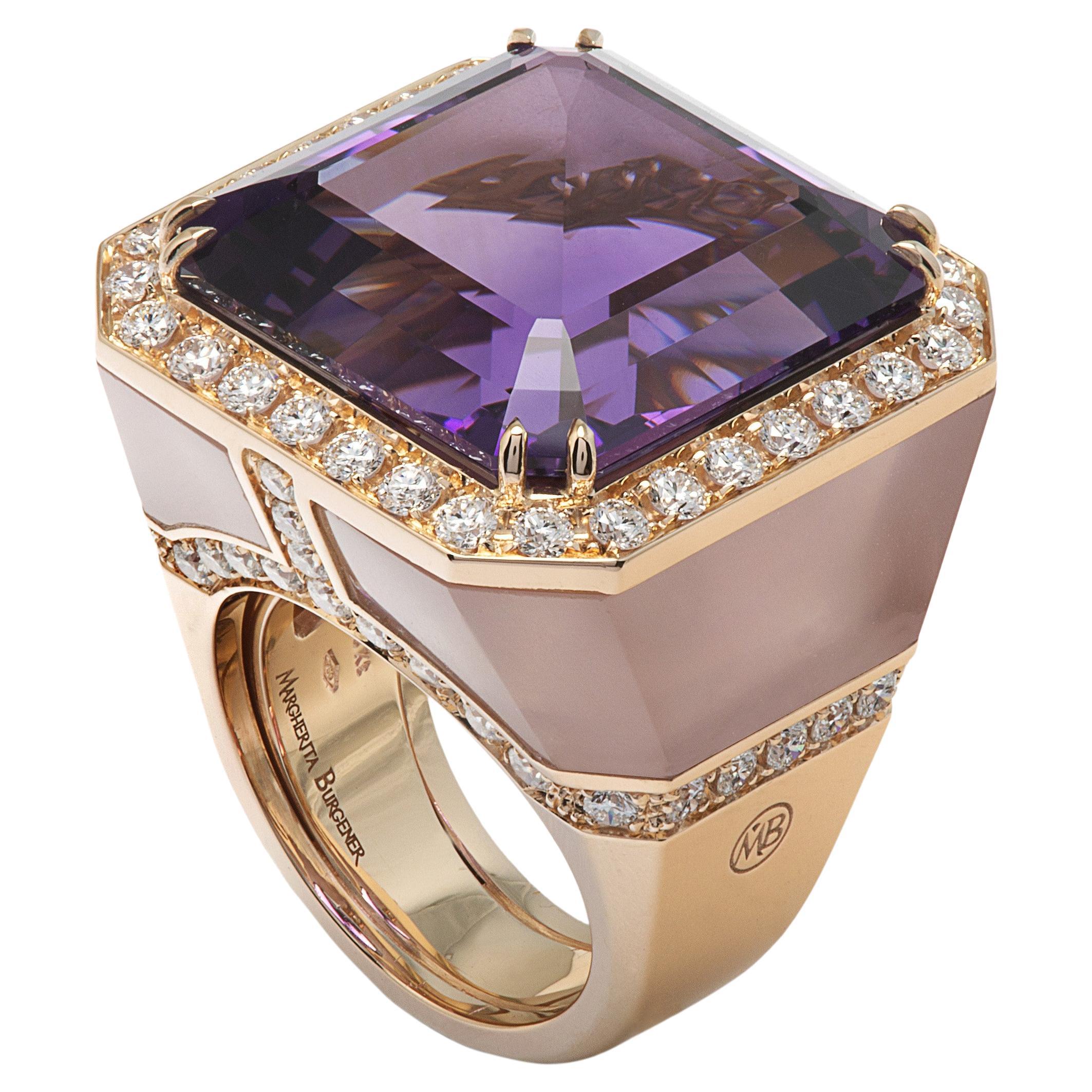 Diamonds  Amethyst Pink Quartz 18 Kt Rose Gold  Made in Italy Cocktail Ring For Sale
