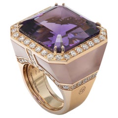Diamonds  Amethyst Pink Quartz 18 Kt Rose Gold  Made in Italy Cocktail Ring