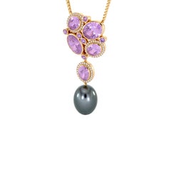 Diamonds Amethyst & Pink Sapphires Black Tahitian Pearl 14K Rose Gold Pendant