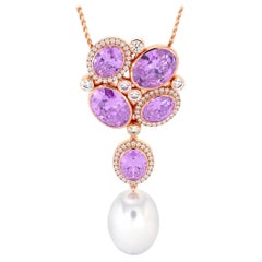 Diamonds Amethyst 
Pink Sapphires South Sea White Pearl 14K Rose Gold Pendant