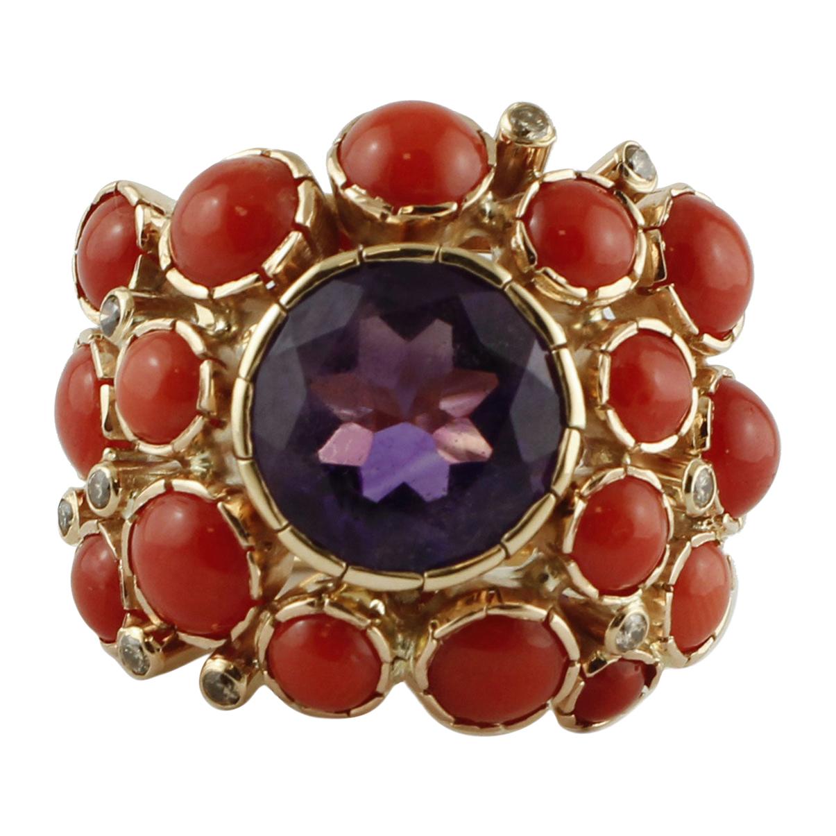 Diamonds, Amethyst, Red Stones, 14 Karat Yellow Gold Ring