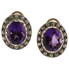 Diamonds Amethyst Rose Gold and Silver Clip-On Earrings