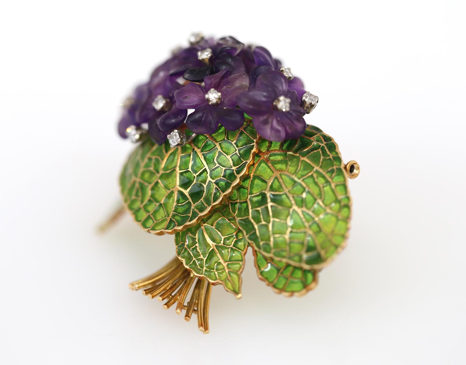 Diamants Améthyste Violet Plique-a-jour Broche fleur en émail or 18K, 1950 5