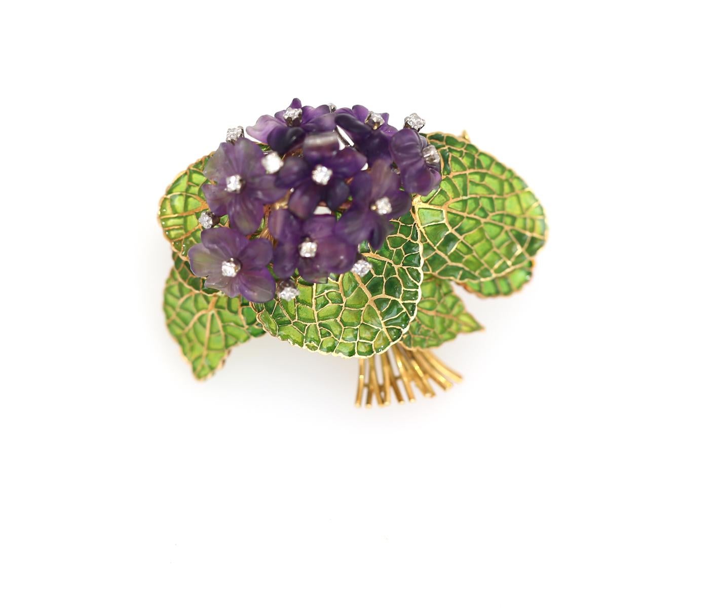 Diamants Améthyste Violet Plique-a-jour Broche fleur en émail or 18K, 1950 Bon état à Herzelia, Tel Aviv