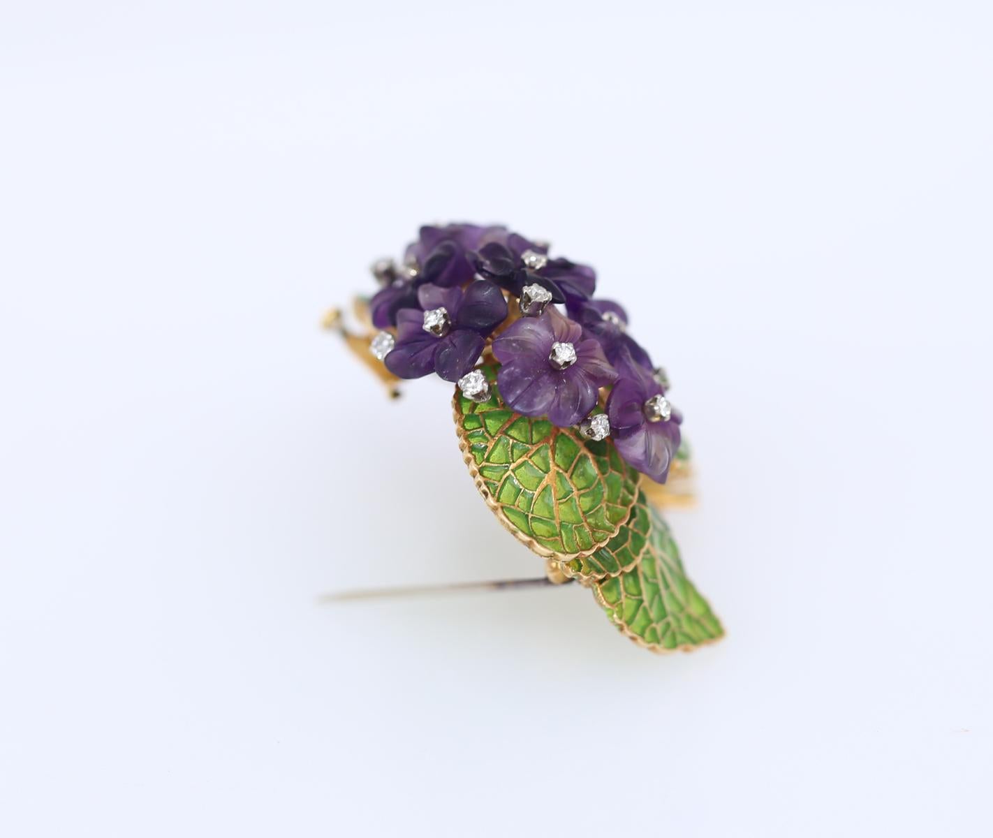  Diamants Améthyste Violet Plique-a-jour Broche fleur en émail or 18K, 1950 Unisexe 