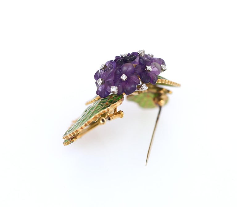Diamonds Amethyst Violet Plique-a-jour Enamel Flower Brooch 18K Gold, 1950 For Sale 1