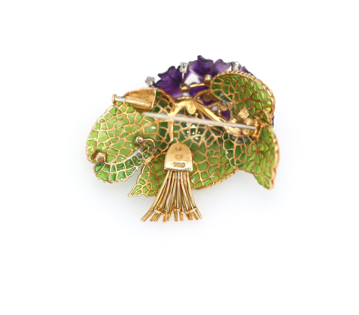 Diamants Améthyste Violet Plique-a-jour Broche fleur en émail or 18K, 1950 3