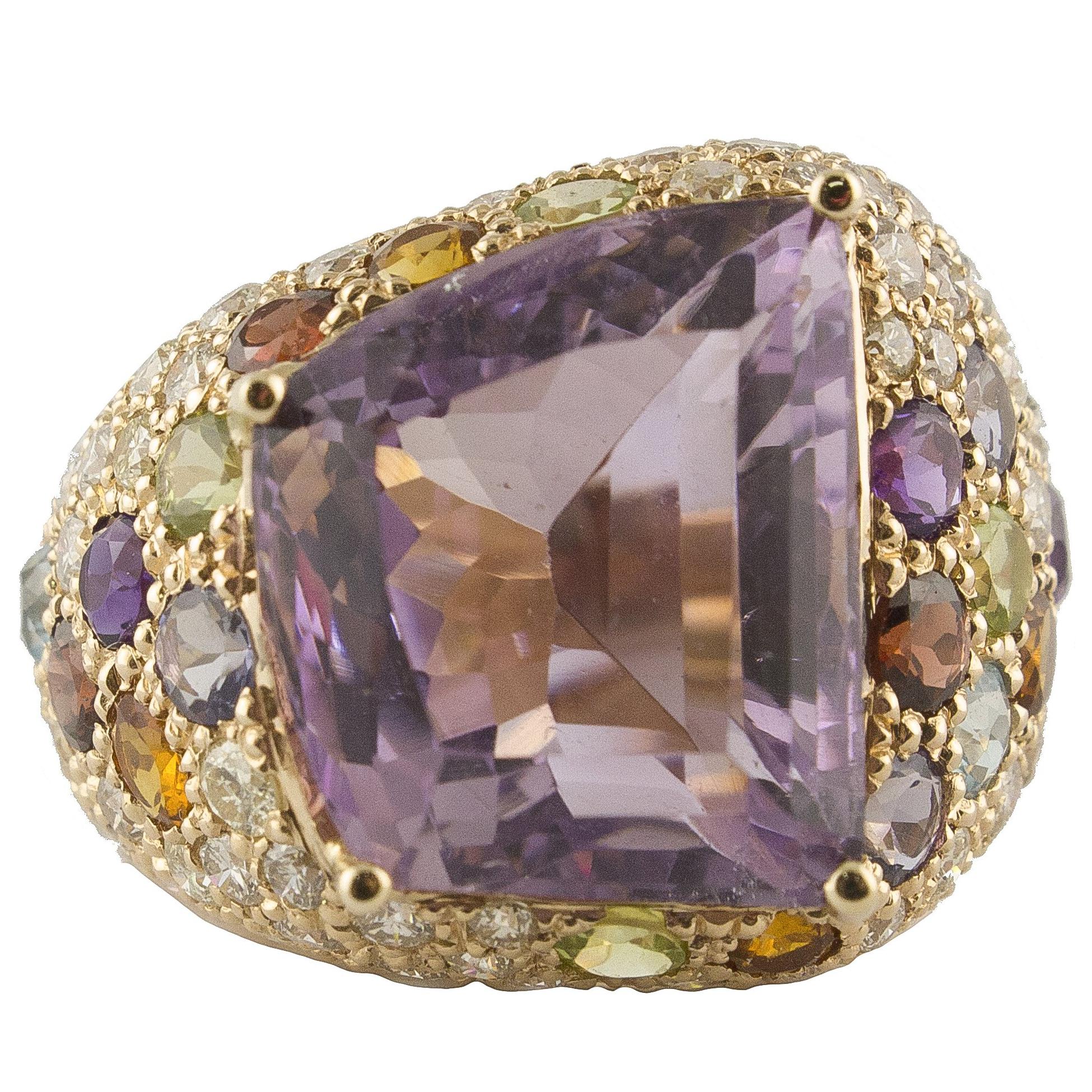 Ring aus Roségold mit Diamanten, Amethyst, gelbem und blauem Topas, Peridot, Iolith, Granat und Granat