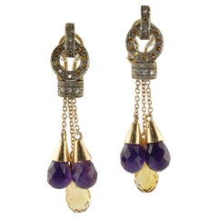 Diamonds Amethyst Yellow Topaz Rose Gold and Silver Chandelier Earrings