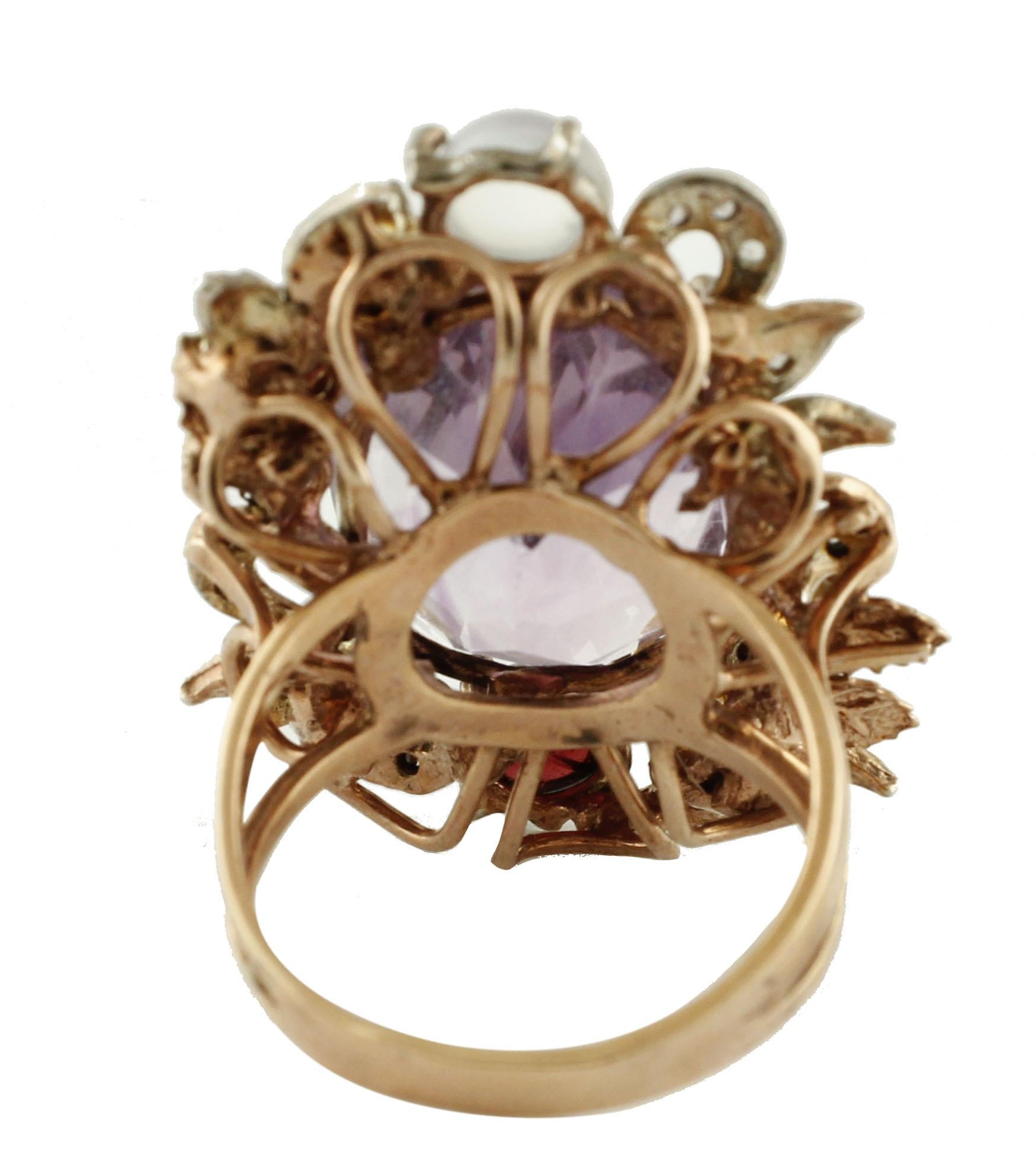 Diamonds Amethyst Yellow Topazes, Garnets Moonstone Rose Gold and Silver Ring In Excellent Condition In Marcianise, Marcianise (CE)