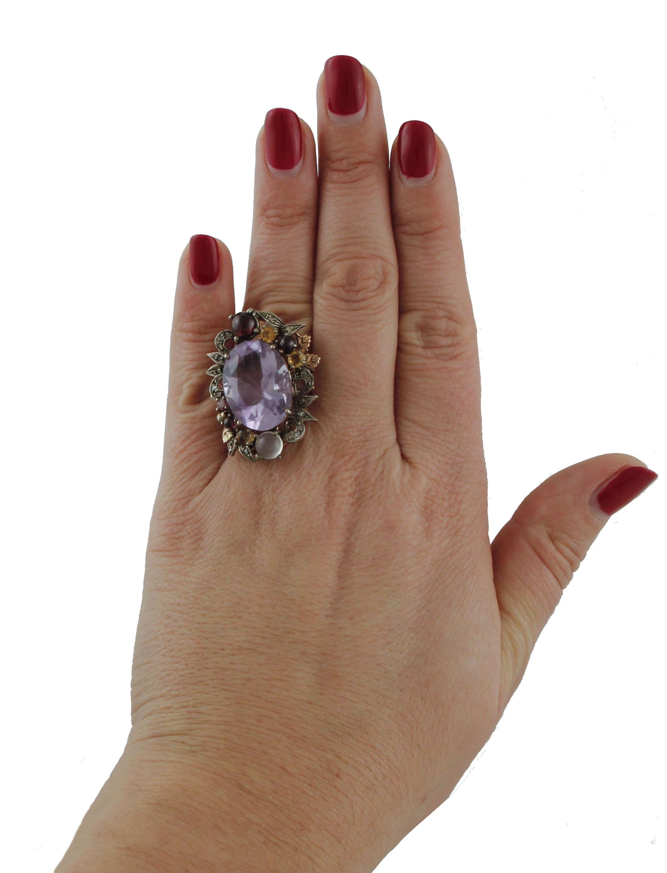 Women's Diamonds Amethyst Yellow Topazes, Garnets Moonstone Rose Gold and Silver Ring