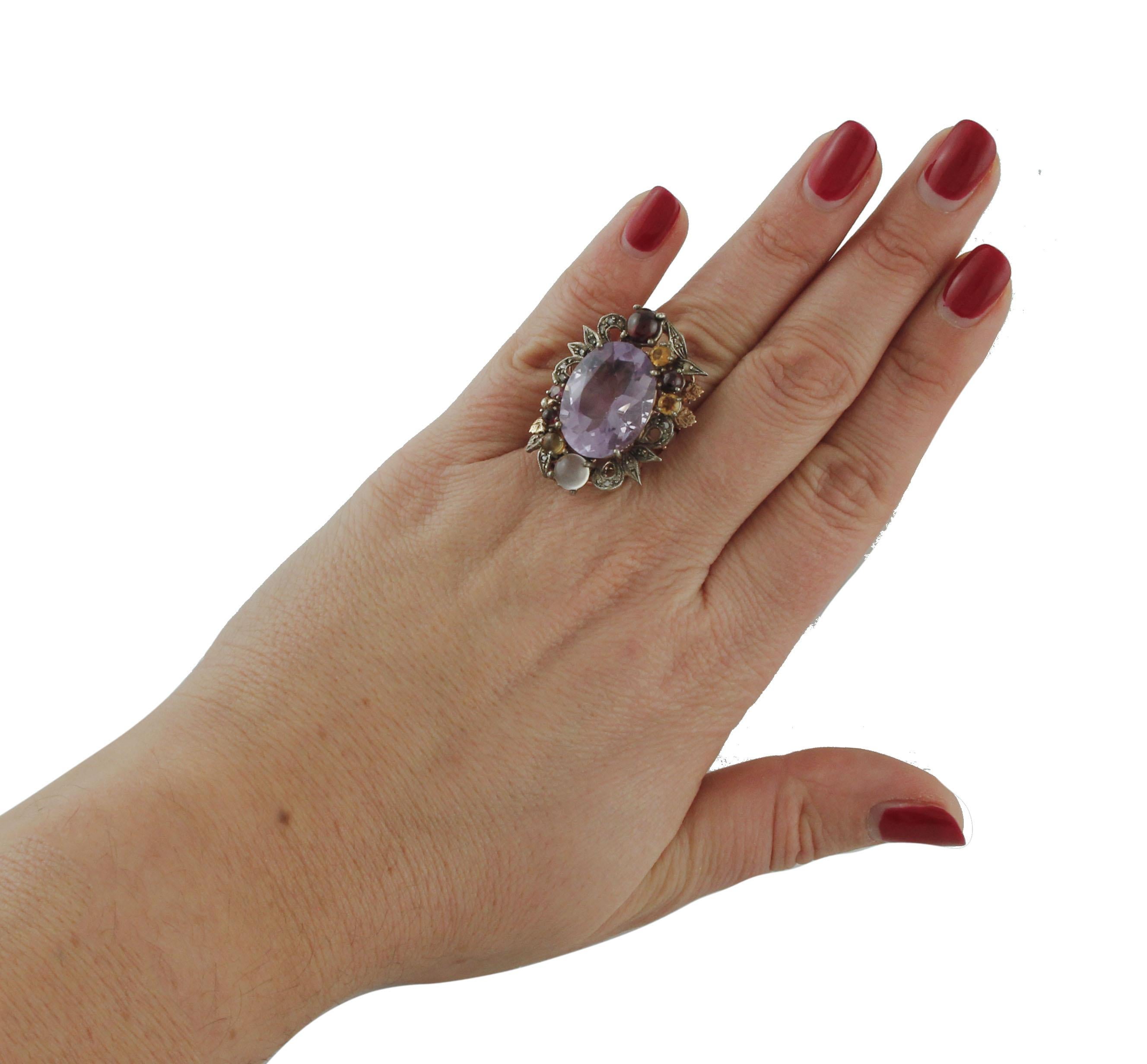 Diamonds Amethyst Yellow Topazes, Garnets Moonstone Rose Gold and Silver Ring 1