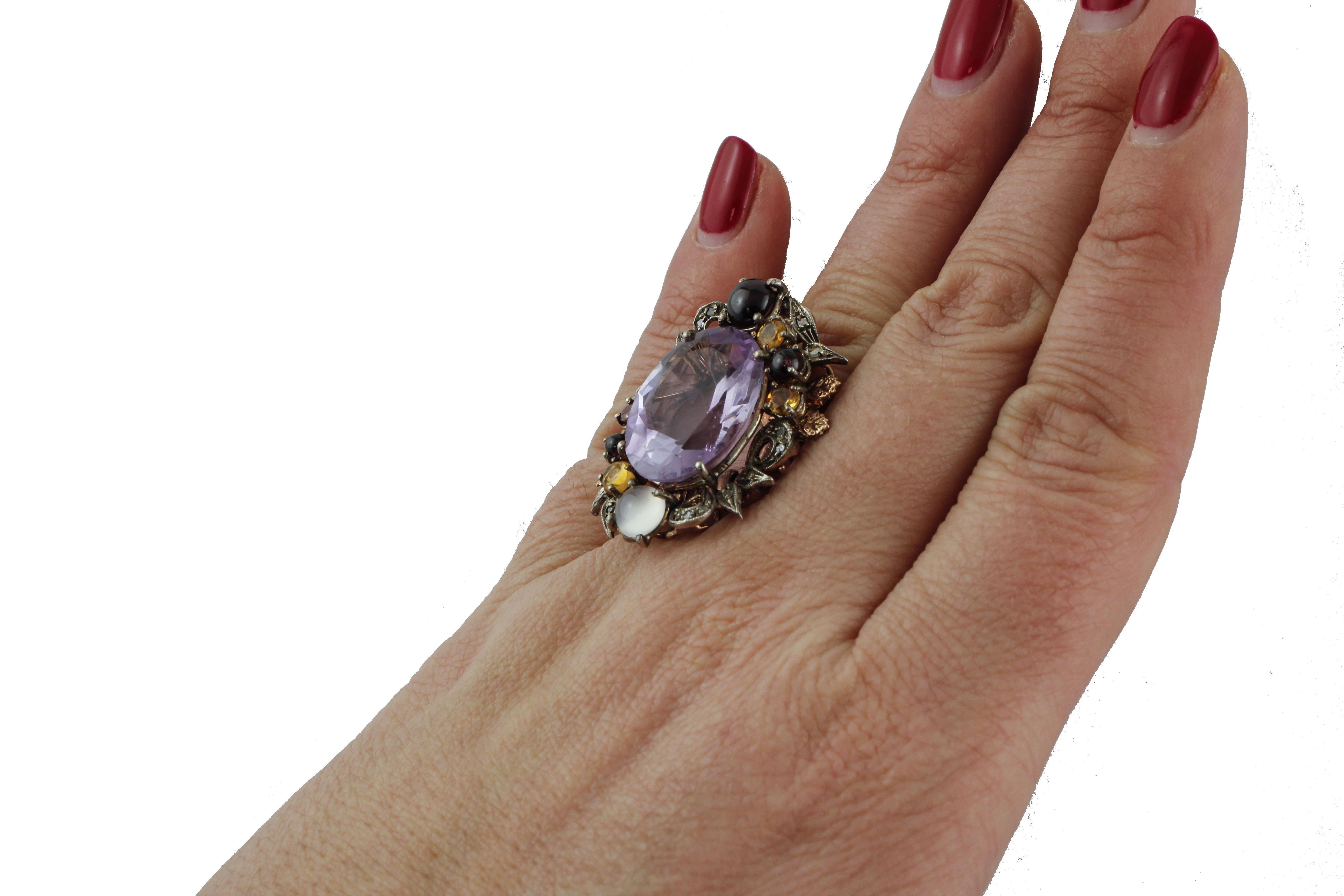 Diamonds Amethyst Yellow Topazes, Garnets Moonstone Rose Gold and Silver Ring 2
