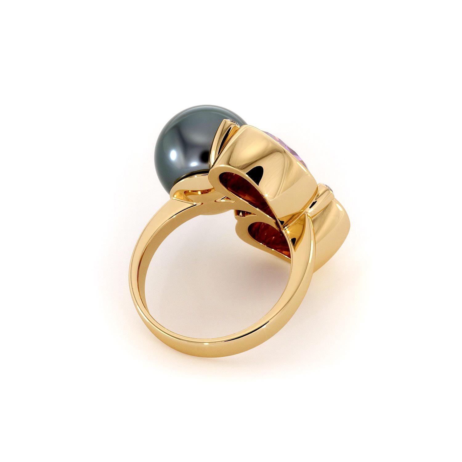 For Sale:  Diamonds Amethysts Black Tahitian Pearl Ring 14K Yellow Gold 5
