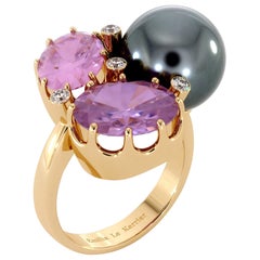 Diamonds Amethysts Black Tahitian Pearl Ring 14K Yellow Gold