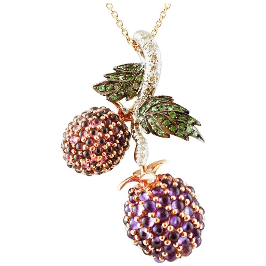 Diamonds Amethysts Garnets, Tsavorites, 9 Karat Gold and Silver Pendant Necklace