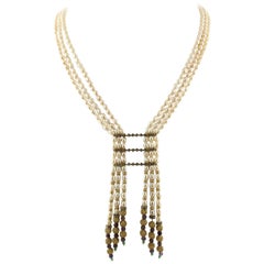 Diamonds, Amethysts, Green Agate, Pearls, Yellow Gold Silver Beaded Necklace