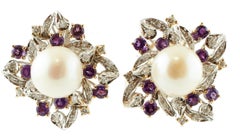 Diamonds, Amethysts, Pearls, 14 Karat White and Rose Gold Stud Earrings