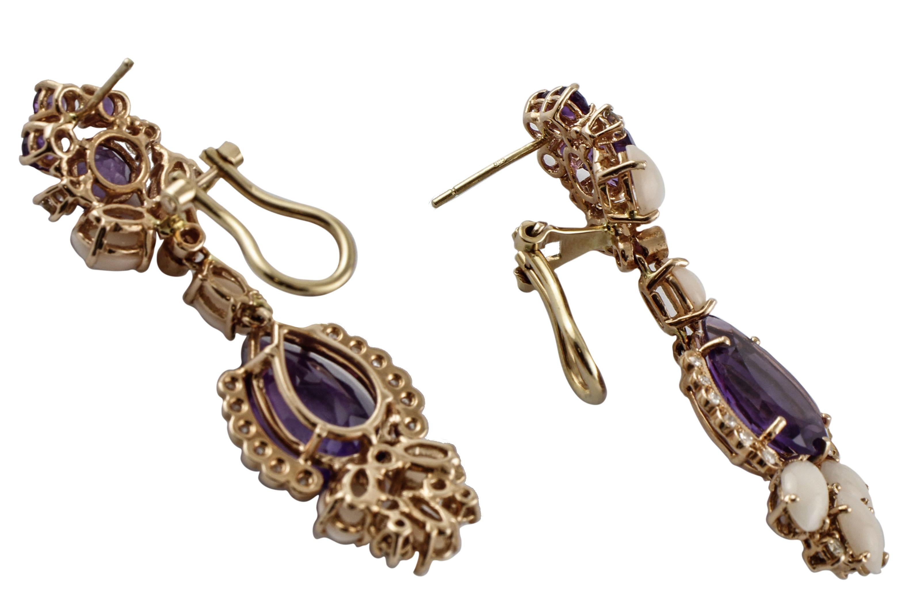 Retro Diamonds, Amethysts, Pink Coral, 14K Rose Gold Clip-on Earrings For Sale