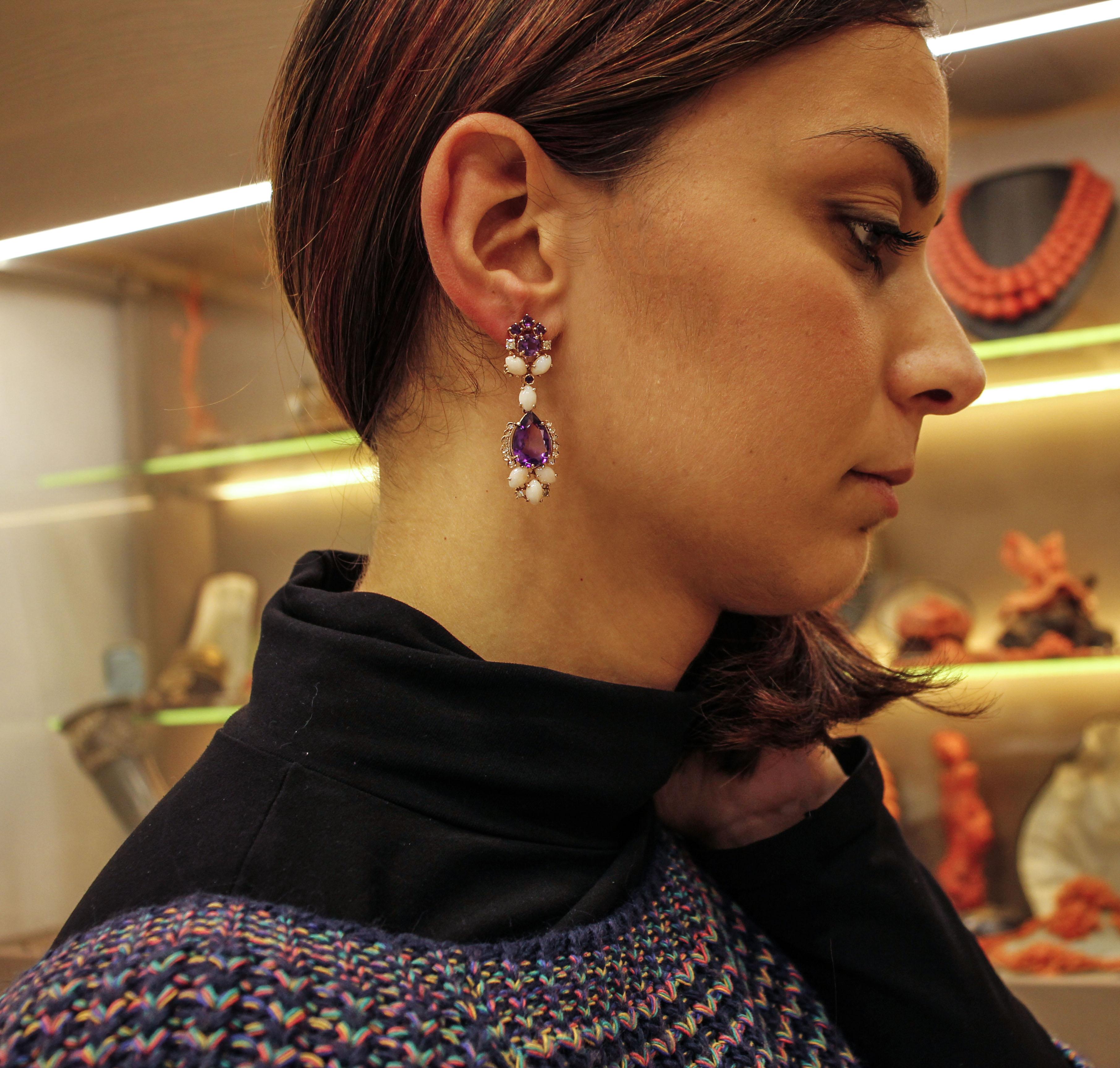 Diamanti, ametiste, corallo rosa, orecchini a clip in oro rosa 14K In condizioni ottime a Marcianise, Marcianise (CE)