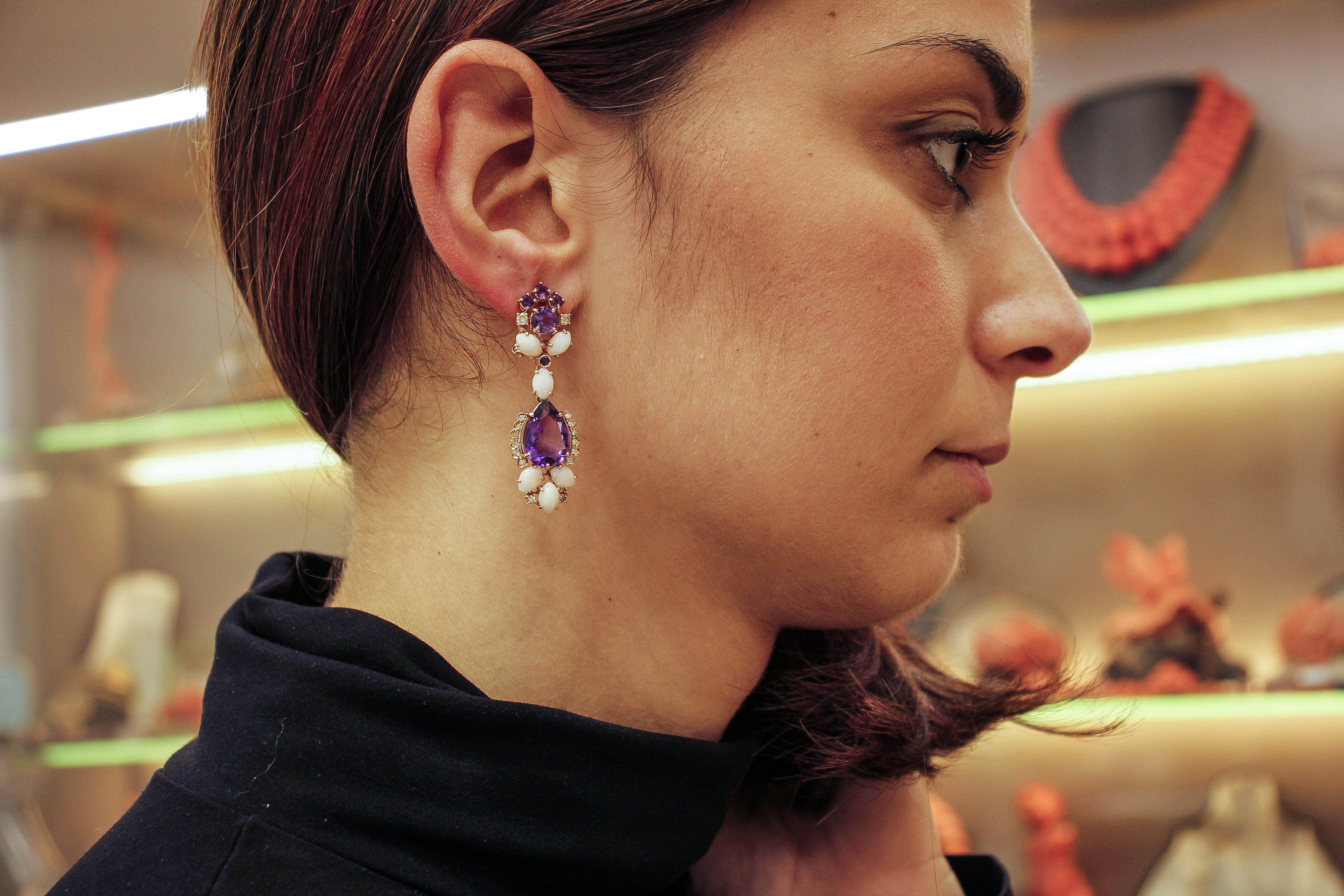 Boucles d'oreilles à clip en or rose 14K, diamants, améthystes et corail rose Pour femmes en vente