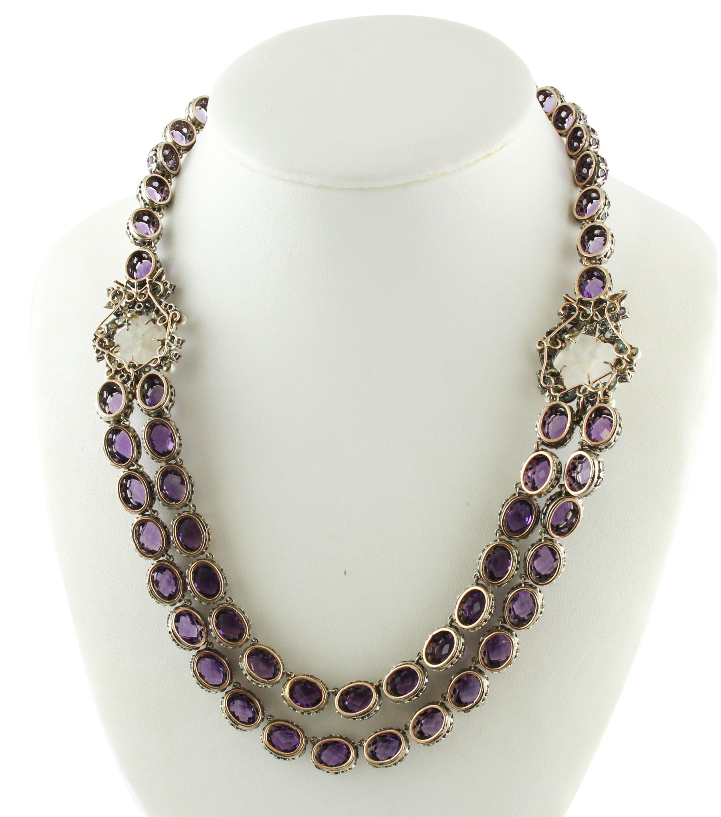 Halskette aus Roségold und Silber mit Diamanten, Amethysten und Bergkristall-Blumen und kleinen Perlen (Retro) im Angebot
