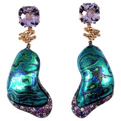Diamonds Purple Amethysts Sapphires 18 Karat Gold Silver Green Timascus Earrings