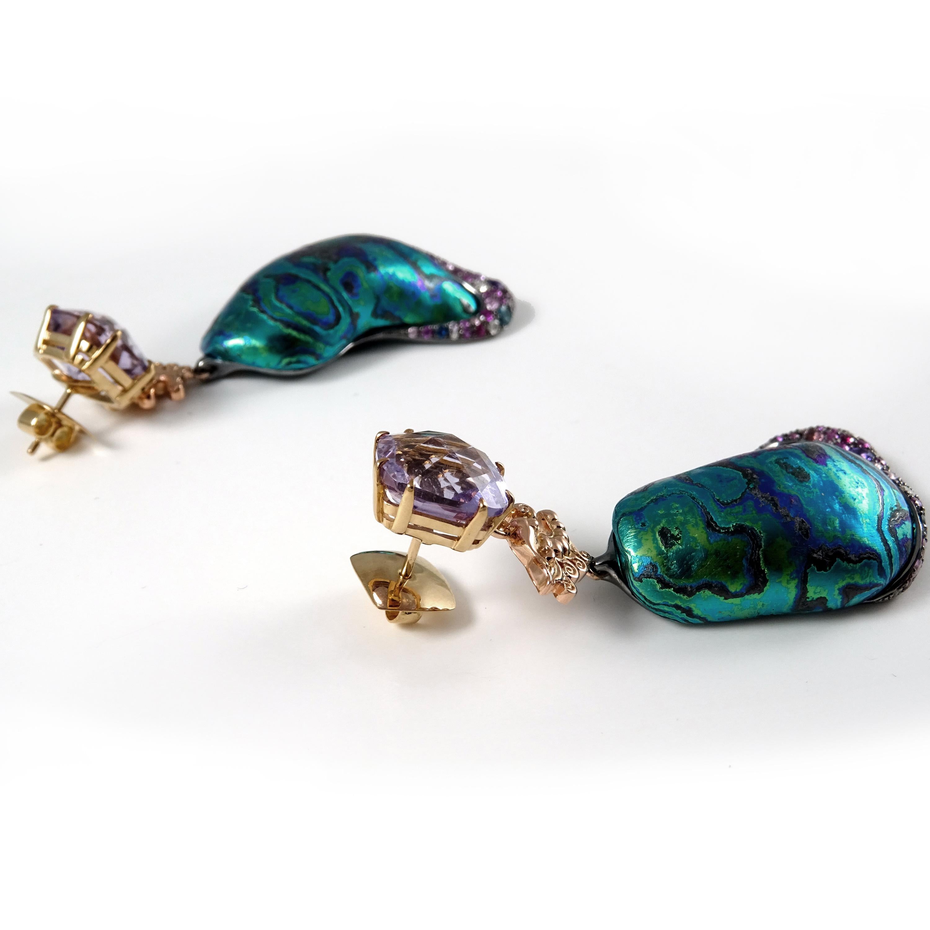 Diamonds Purple Amethysts Sapphires 18 Karat Gold Silver Green Timascus Earrings In New Condition For Sale In València, ES