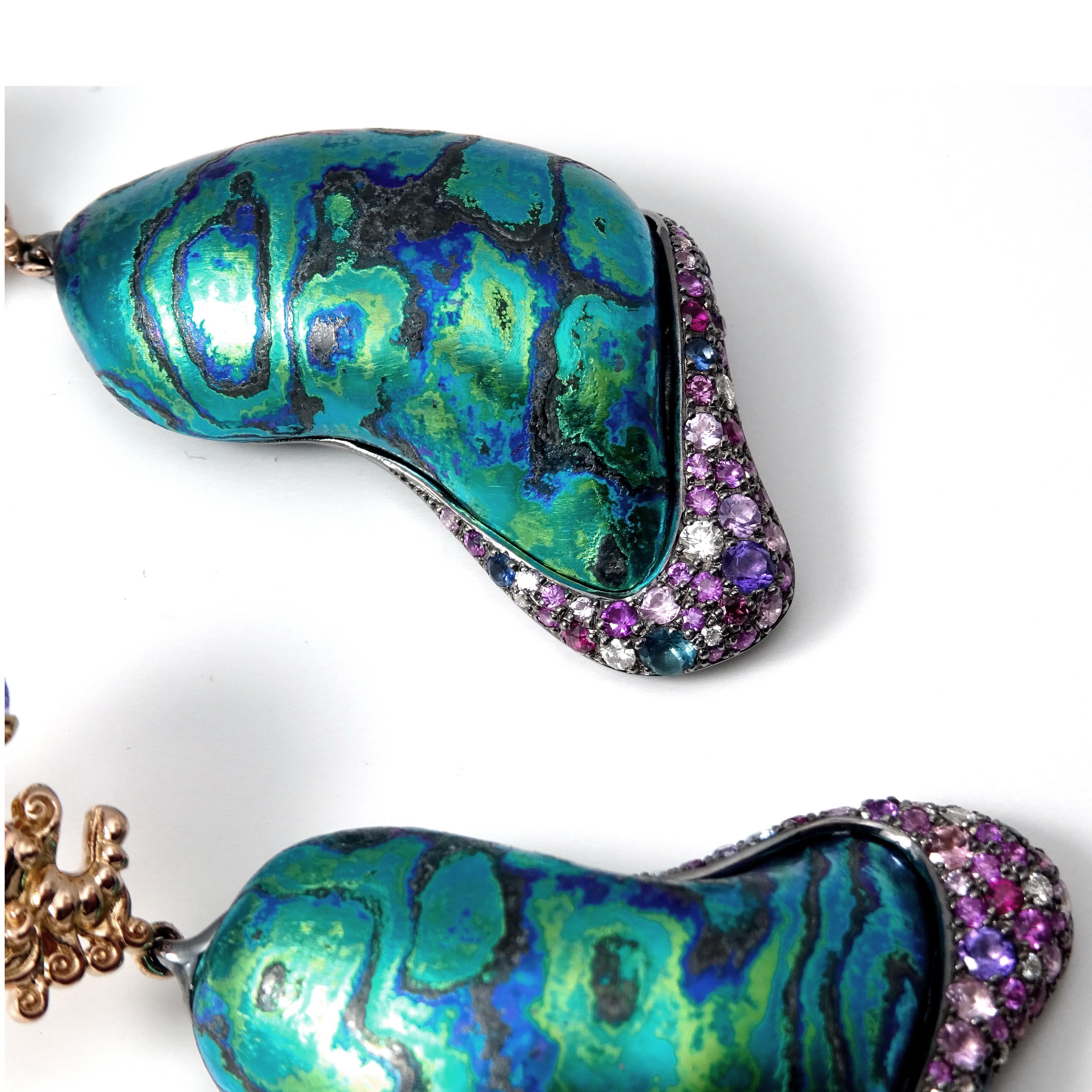 Women's or Men's Diamonds Purple Amethysts Sapphires 18 Karat Gold Silver Green Timascus Earrings For Sale