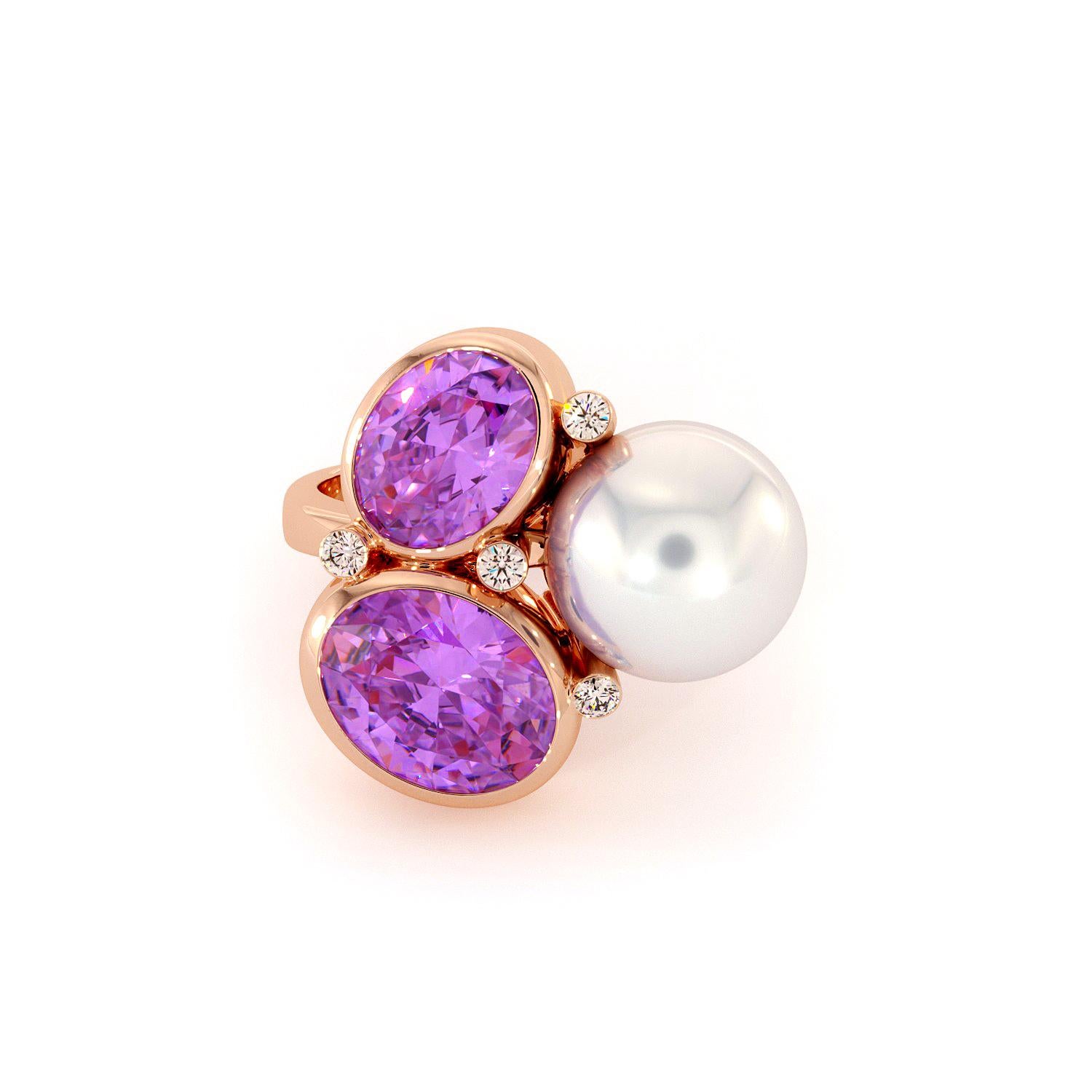 For Sale:  Diamonds Amethysts South Sea White Pearl Ring 14K Rose Gold 2