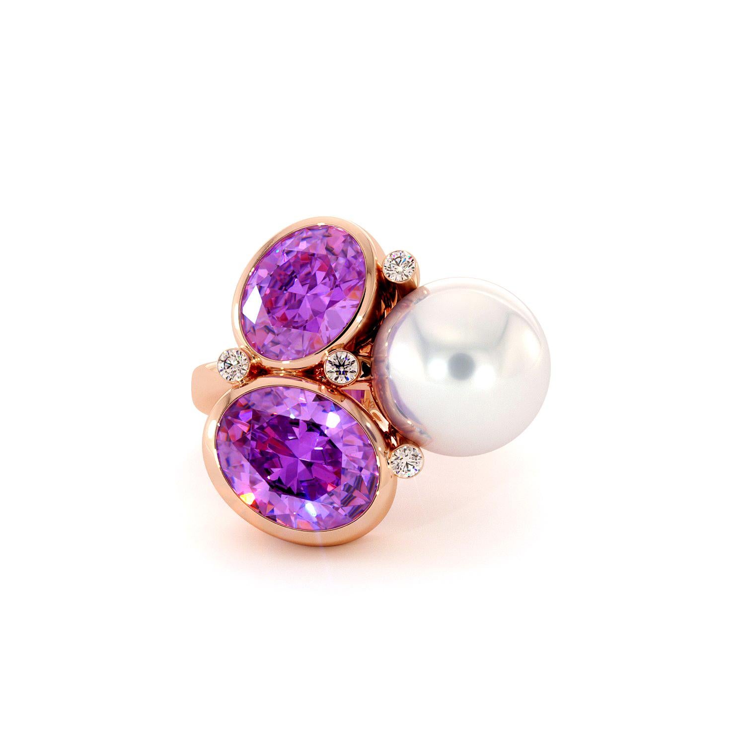 For Sale:  Diamonds Amethysts South Sea White Pearl Ring 14K Rose Gold 3