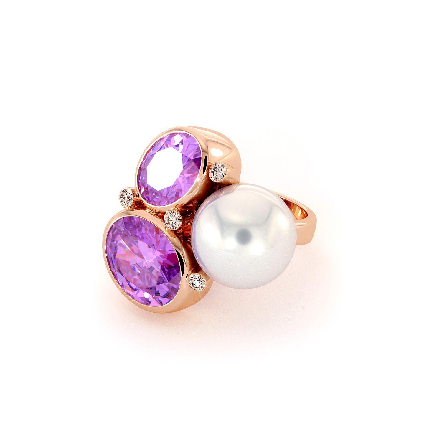 For Sale:  Diamonds Amethysts South Sea White Pearl Ring 14K Rose Gold 4