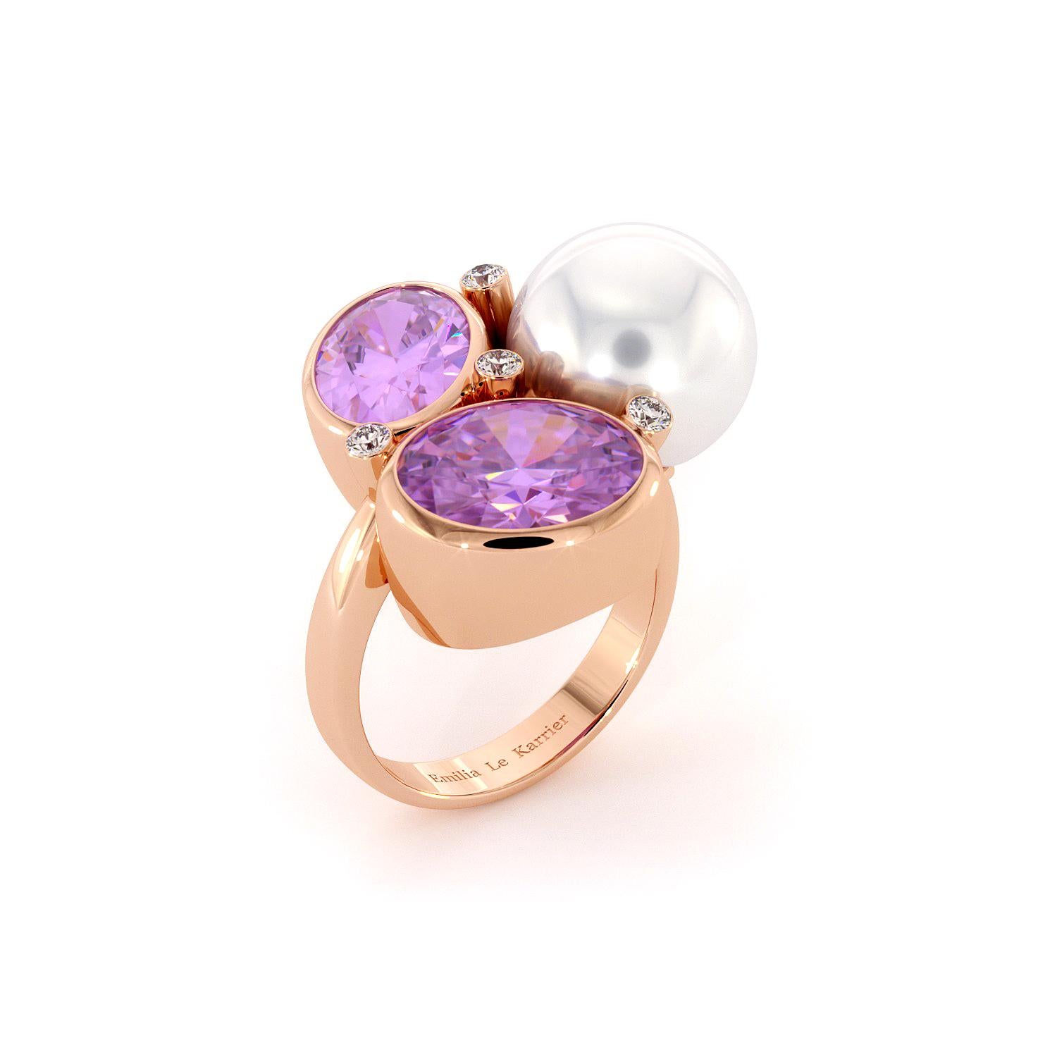 For Sale:  Diamonds Amethysts South Sea White Pearl Ring 14K Rose Gold 6