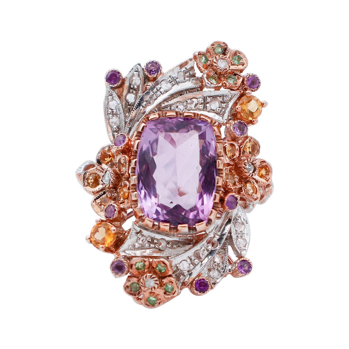 Diamonds, Amethysts, Topaz, Tsavorites, 9Kt Rose Gold and Silver Ring For Sale