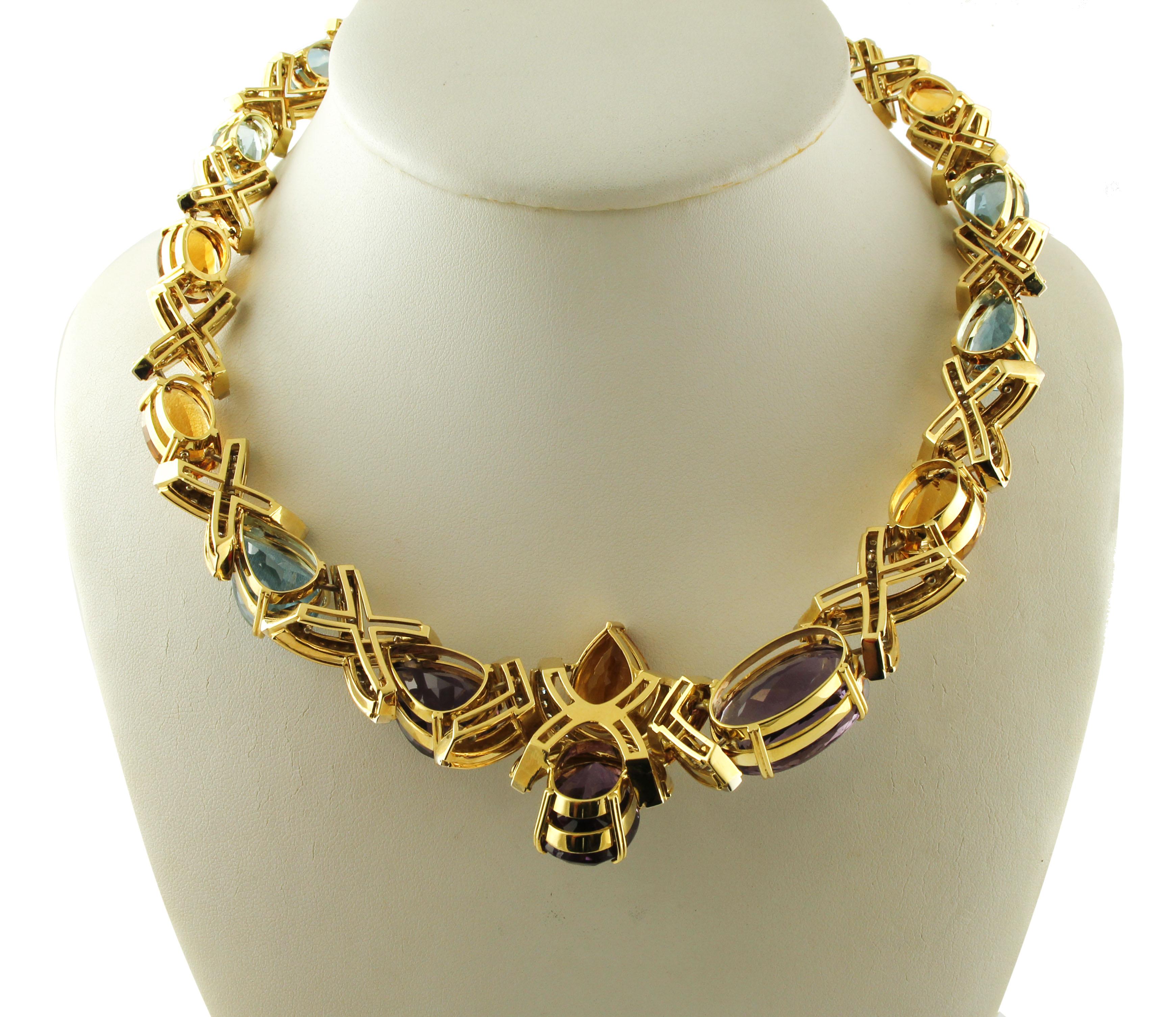 Retro Diamonds, Amethysts, Topazes 18 Karat Yellow Gold Extraordinary Collier