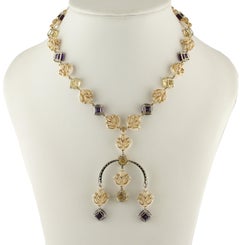 Diamonds, Amethysts, Topazes Pink Corals Drops White and Rose Gold Link Necklace